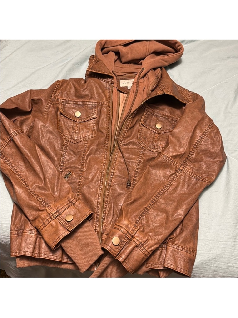 Faux Leather Hooded Jacket in Warm Cognac Brown